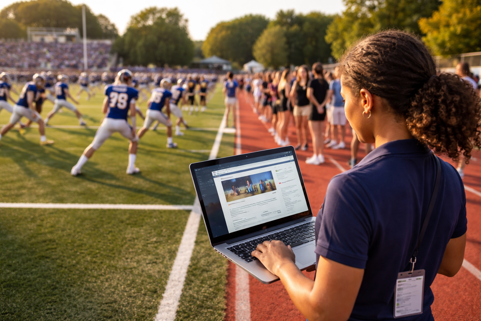 A school communications staff member reviews a generic game day social media template beside a high school field.