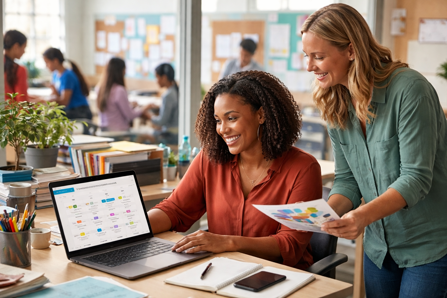 A school communications director and colleague reviewing a content calendar and draft school communications in an office.