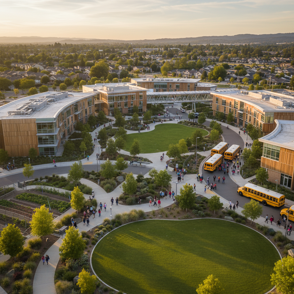Students and families arriving at a school campus at golden hour