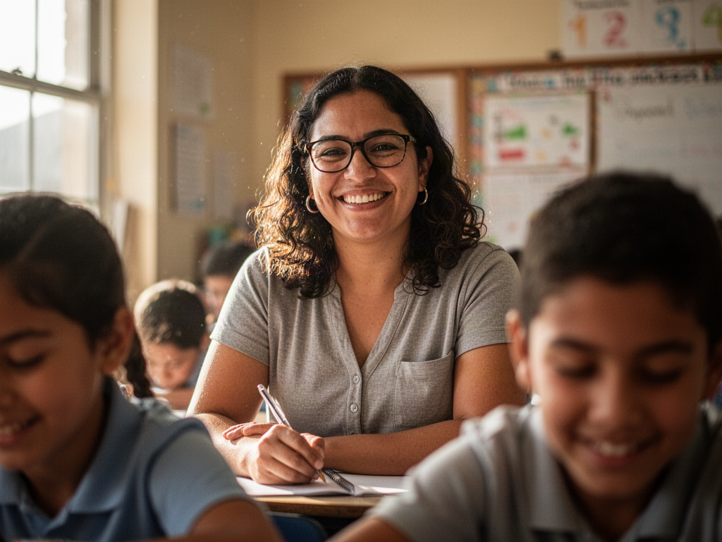 Smiling school staff member in a classroom