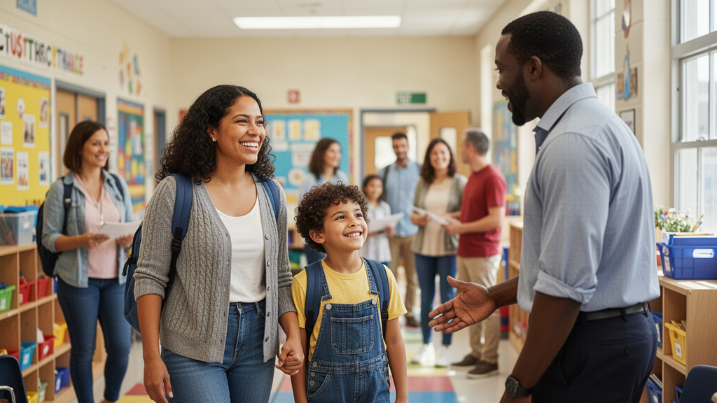 Family touring a school open house welcomed by a teacher