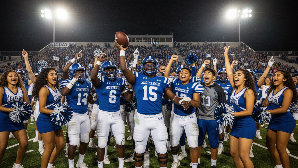 High school football players and cheerleaders celebrating on game night