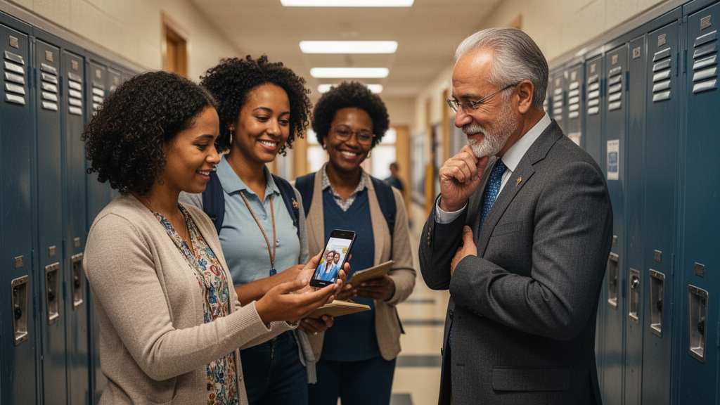 Teacher sharing a photo with a school director for social media approval