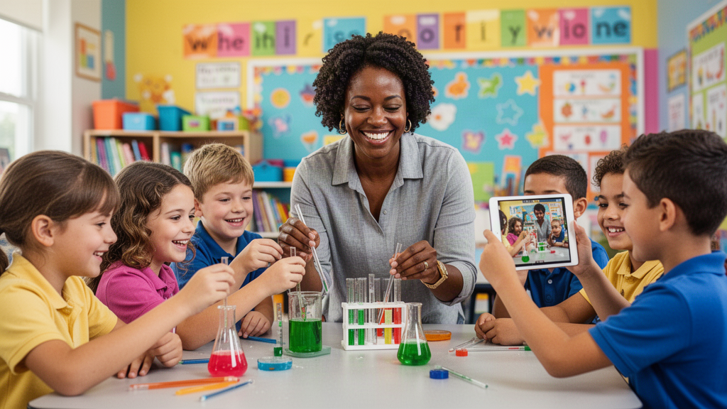 Students doing a science experiment while a classmate captures the moment for social media