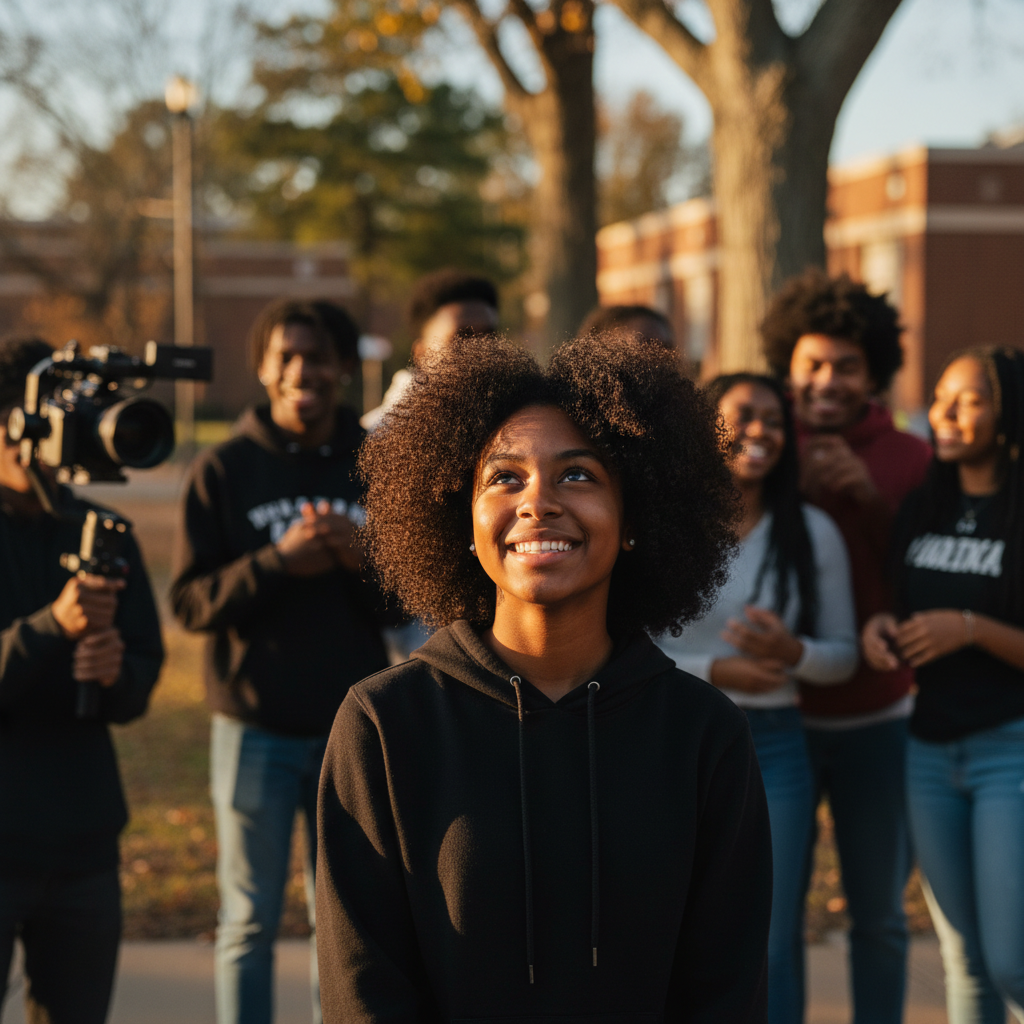 Smiling Black high school student storyteller at a school event with a student-operated video camera in the foreground