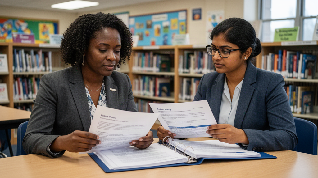 School administrators reviewing social media policy documents in a library
