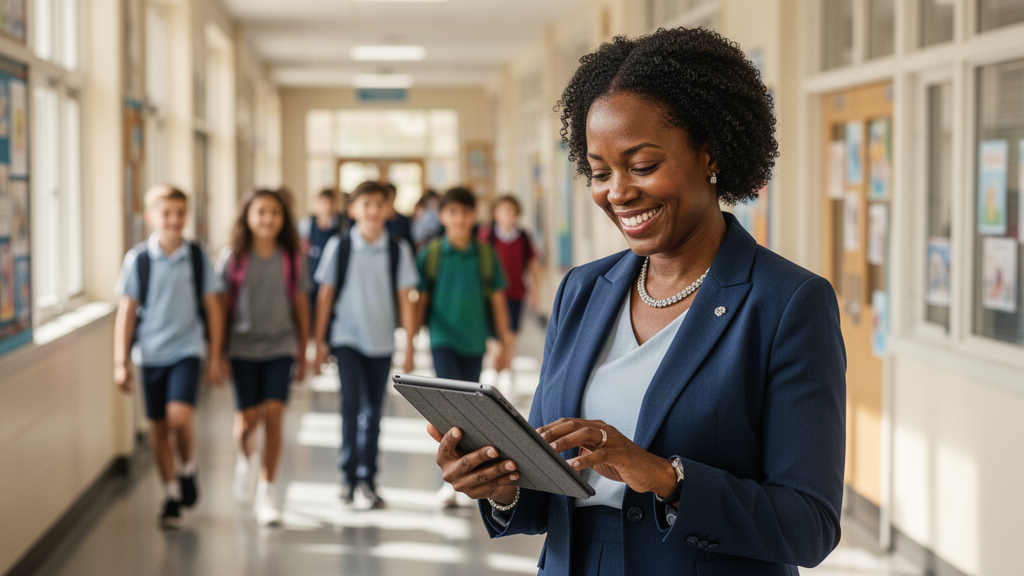 School principal reviewing communication content on a tablet in a school hallway