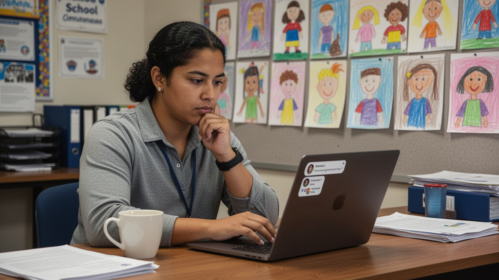 School communications manager reviewing social media comments on a laptop