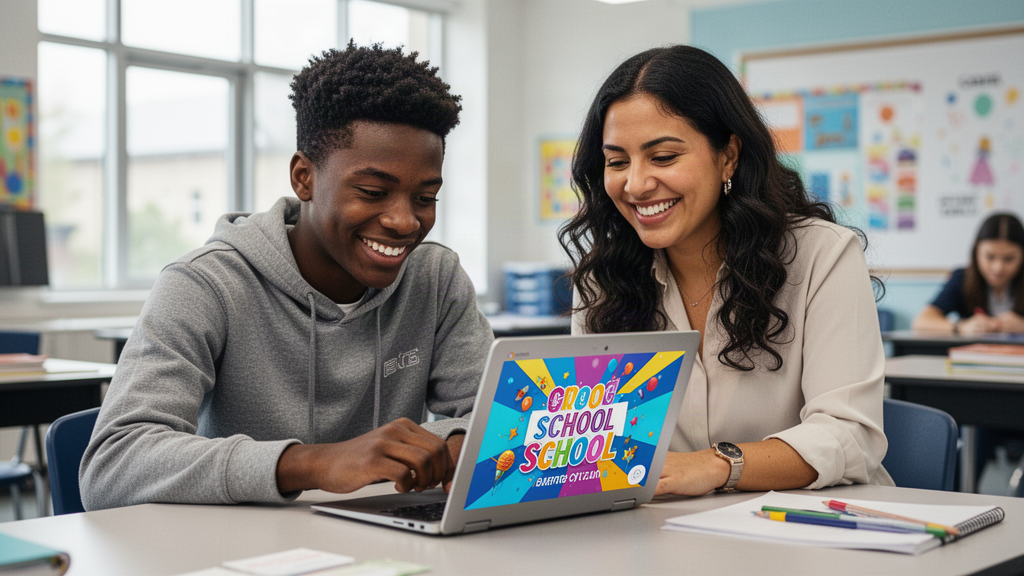 Student and teacher designing a school event graphic together on a Chromebook
